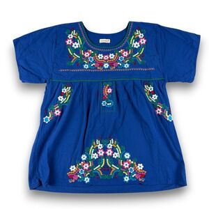 YZXDORWJ Blouse Womens 3XL Blue Embroidered Floral Mexican Peasant Top